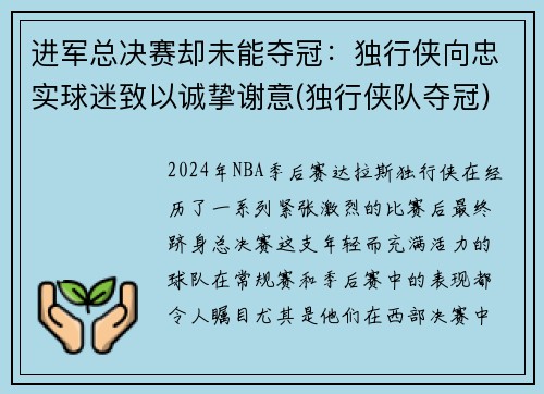 进军总决赛却未能夺冠：独行侠向忠实球迷致以诚挚谢意(独行侠队夺冠)