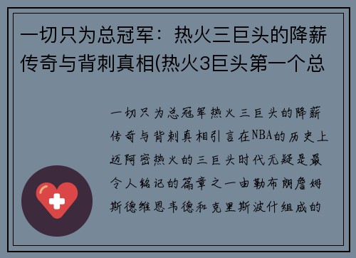 一切只为总冠军：热火三巨头的降薪传奇与背刺真相(热火3巨头第一个总冠军)