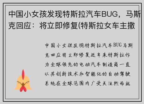 中国小女孩发现特斯拉汽车BUG，马斯克回应：将立即修复(特斯拉女车主撒了多少谎)